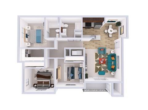A 3D floor plan of a small apartment with a kitchen, living room, and bedroom.